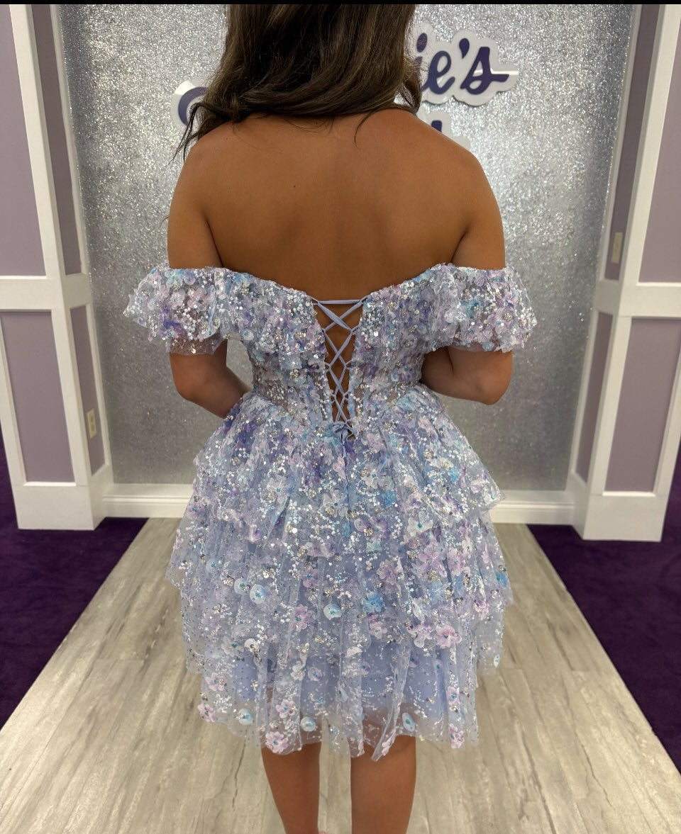 Off-the-Shoulder Tiered Glitter Homecoming Dress
