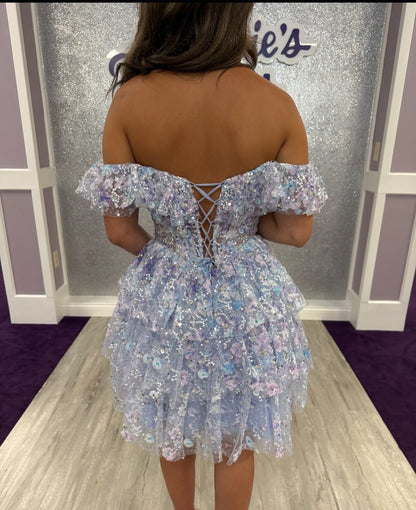 Off-the-Shoulder Tiered Glitter Homecoming Dress