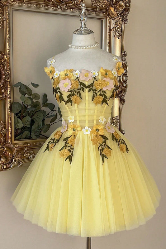 A-Line Corset Tulle Dress with 3D Flowers