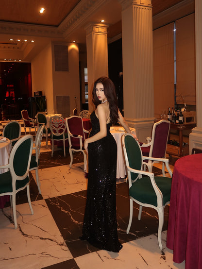 Strapless Sweetheart Sequin Maxi Gown with High Slit