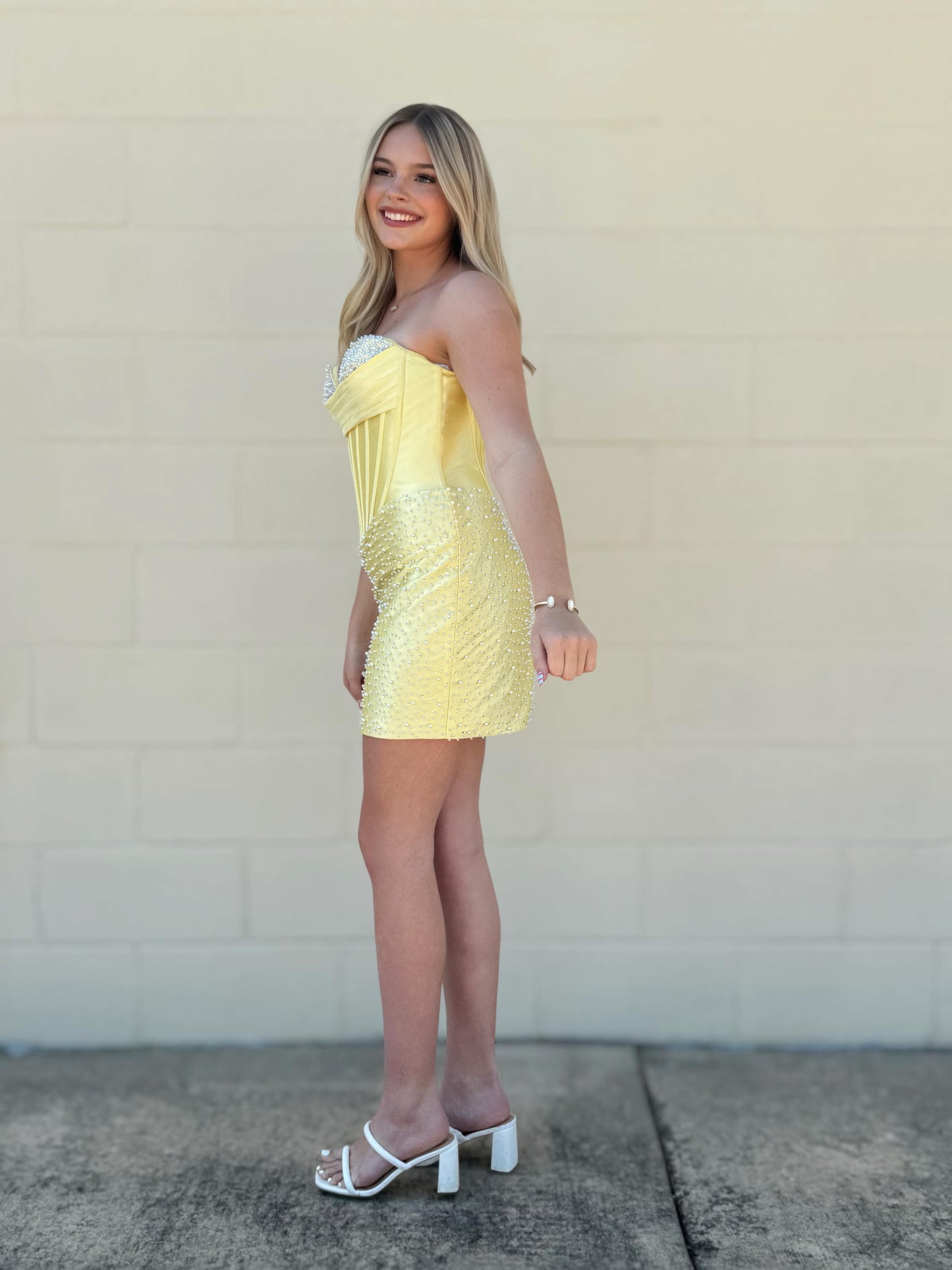 Pearl Embellished Strapless Corset Mini Dress