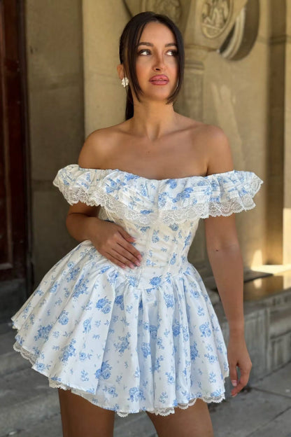 Off-the-Shoulder Floral Ruffle Mini Dress