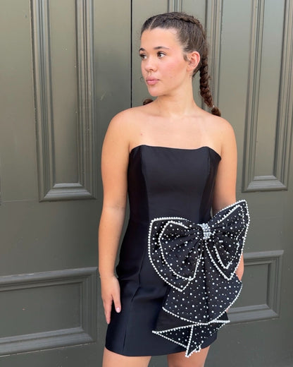 Strapless Pearl Bowknot Satin Mini Dress