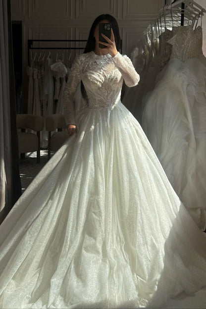 Long Sleeve High Neck Glitter Ball Gown Wedding Dress