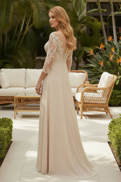 Illusion Lace A-Line Evening Gown with 3/4 Sleeves