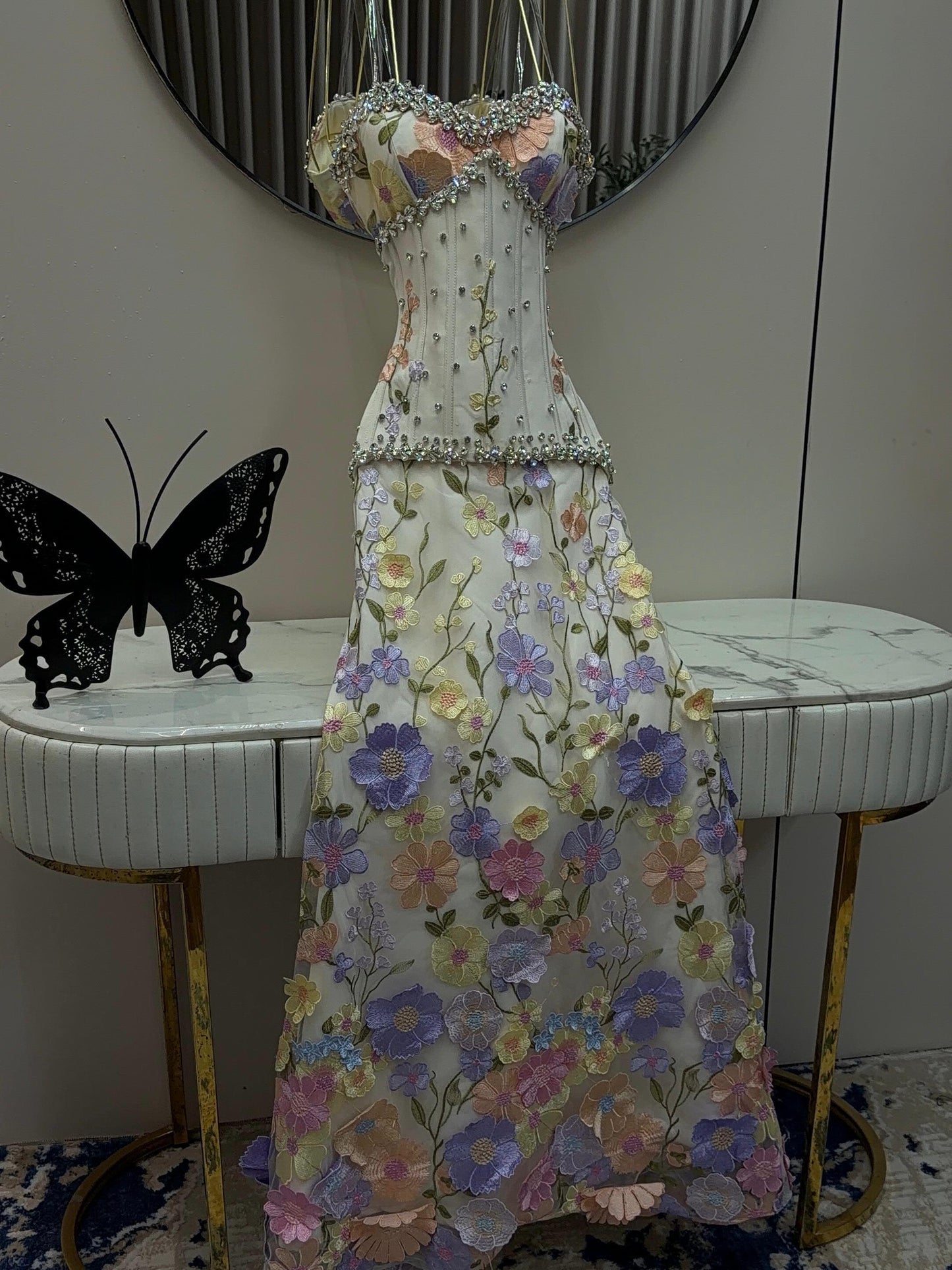 Floral Embroidered Corset Mermaid Gown with Pearls