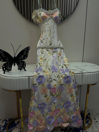 Floral Embroidered Corset Mermaid Gown with Pearls
