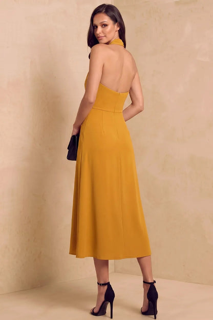 Halter Cowl Neck Open Back A-Line Midi Dress