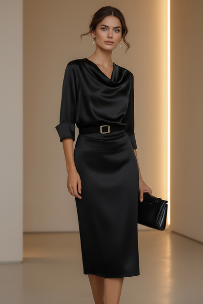 Satin Belted Shirt Dress with Cowl Neck & Back Slit
