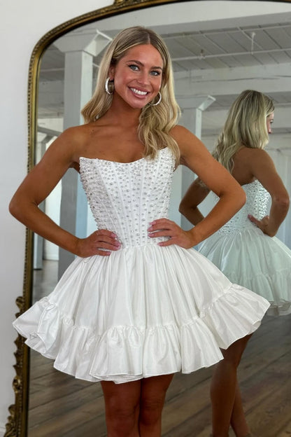 Pearl-Embellished Strapless Corset Bubble Mini Dress