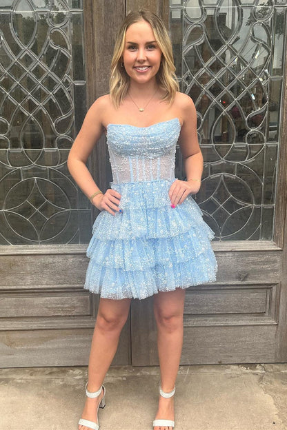 Strapless Tiered Corset Tulle Mini Dress
