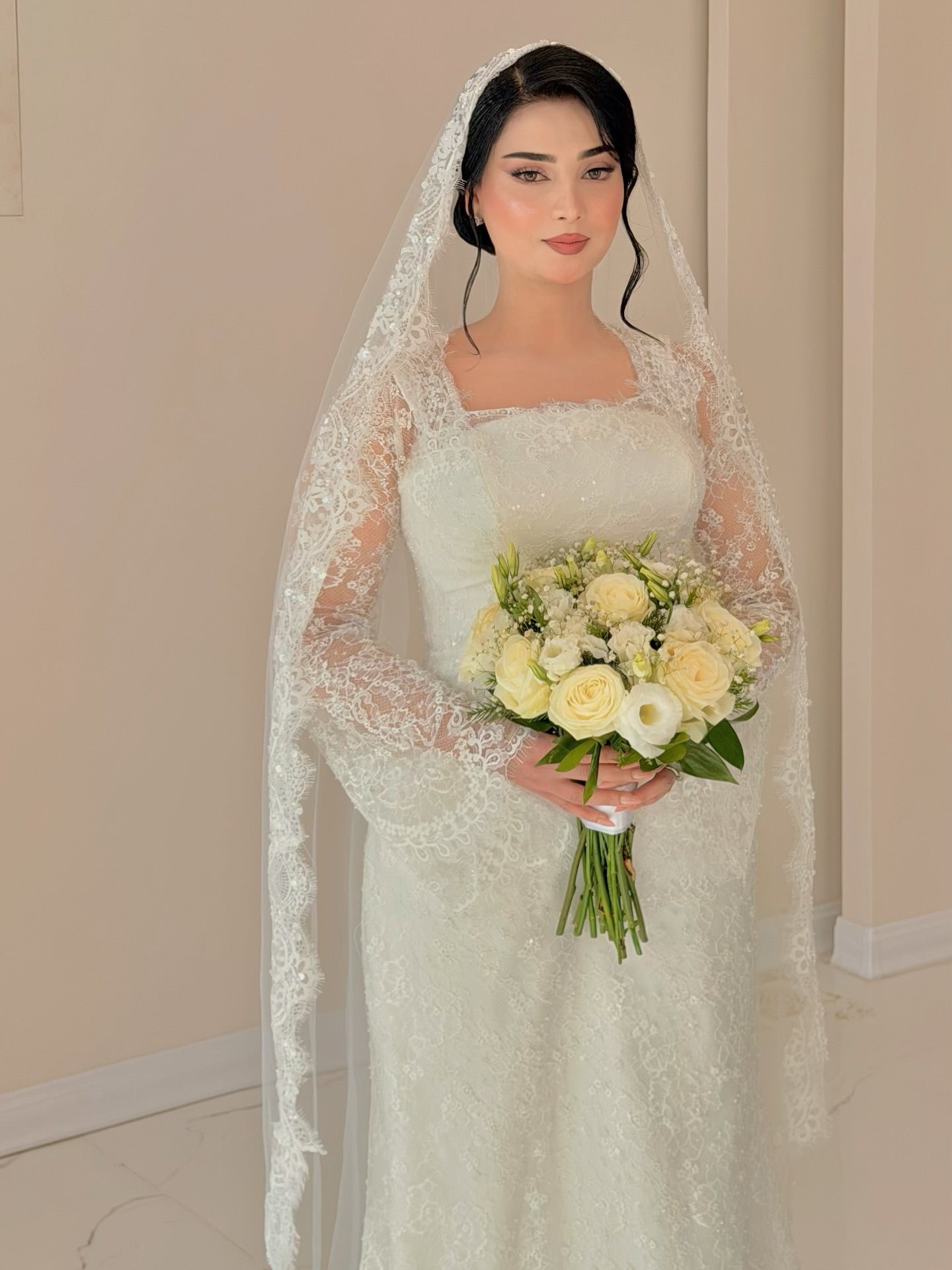 Square Neck Lace Long Sleeve Wedding Dress