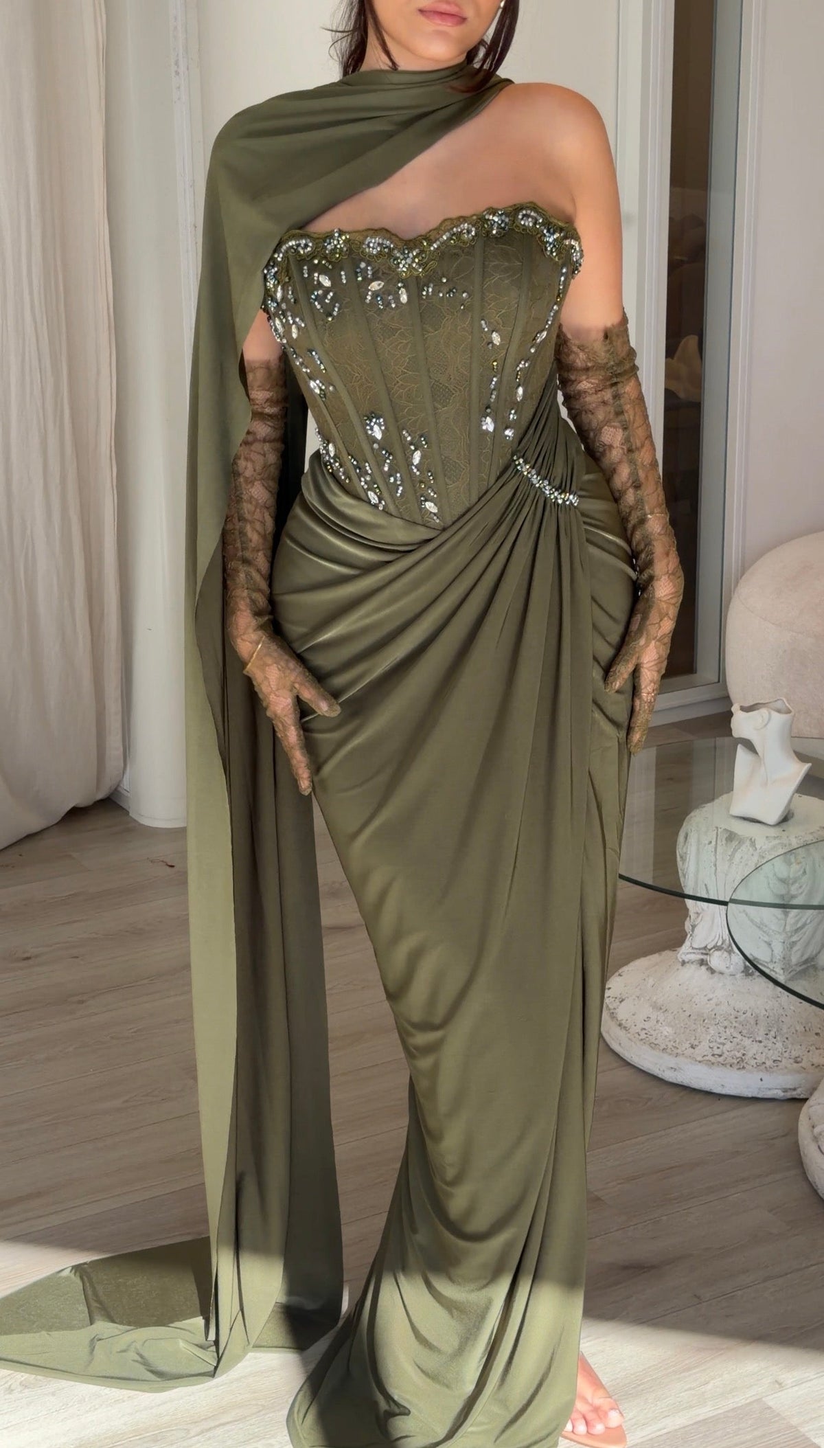 Corset Gown with Scarf Neckline and Gloves