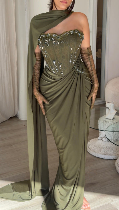 Corset Gown with Scarf Neckline and Gloves