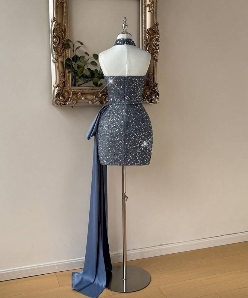 Ruched Sequin Halter Mini Dress with Satin Drape