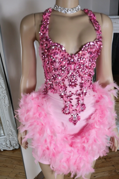 Crystal Beaded Halter Feather Mini Dress