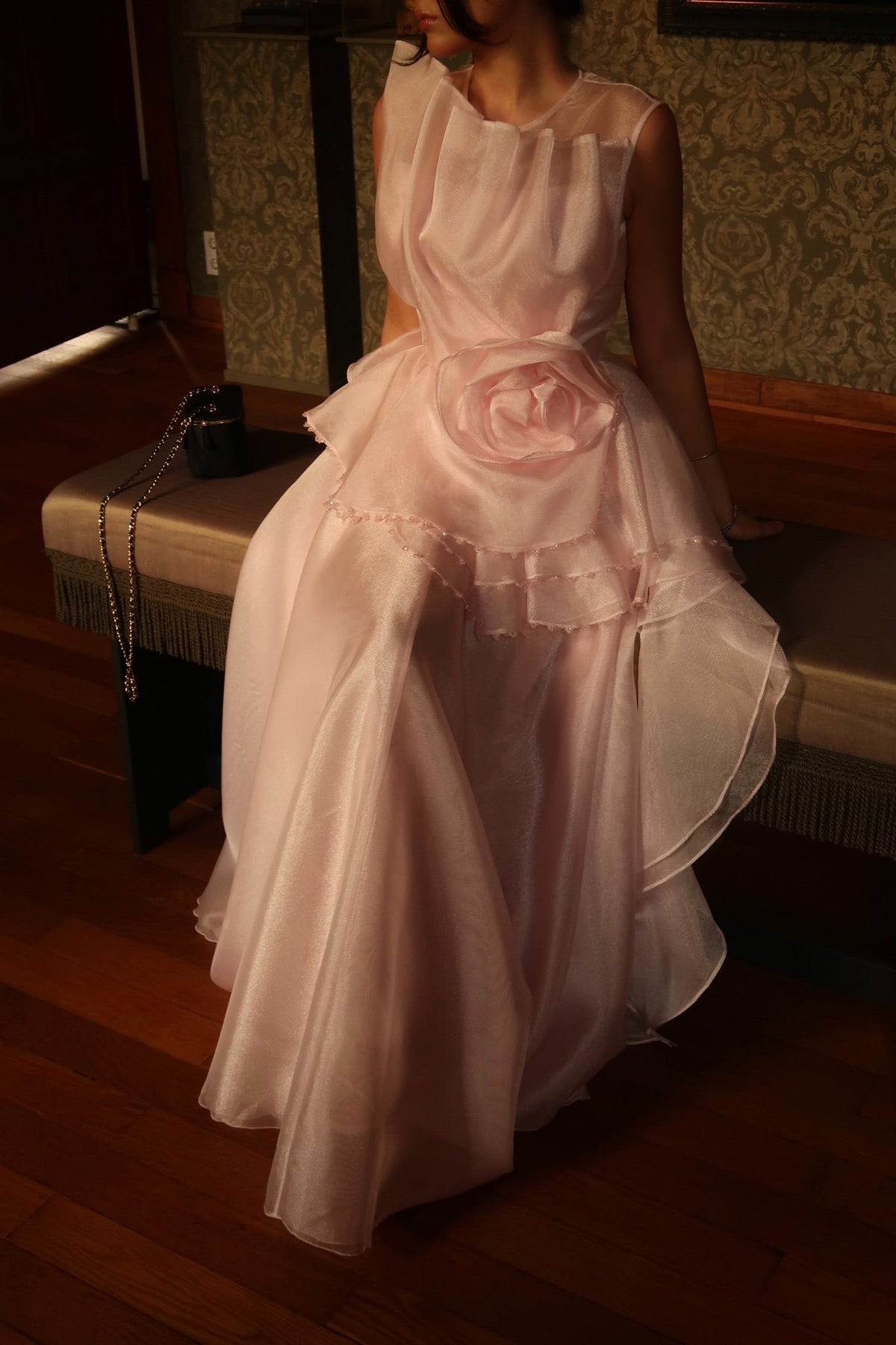 Sleeveless Maxi Gown with Rosette Peplum