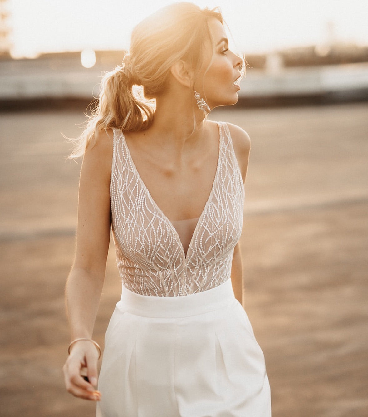 Beaded V-Neck Bridal Jumpsuit with Wide-Leg Pants