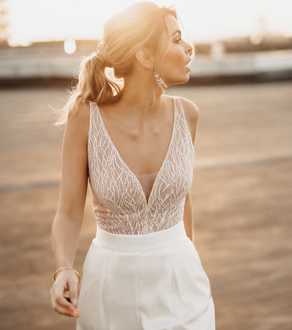 Beaded V-Neck Bridal Jumpsuit with Wide-Leg Pants