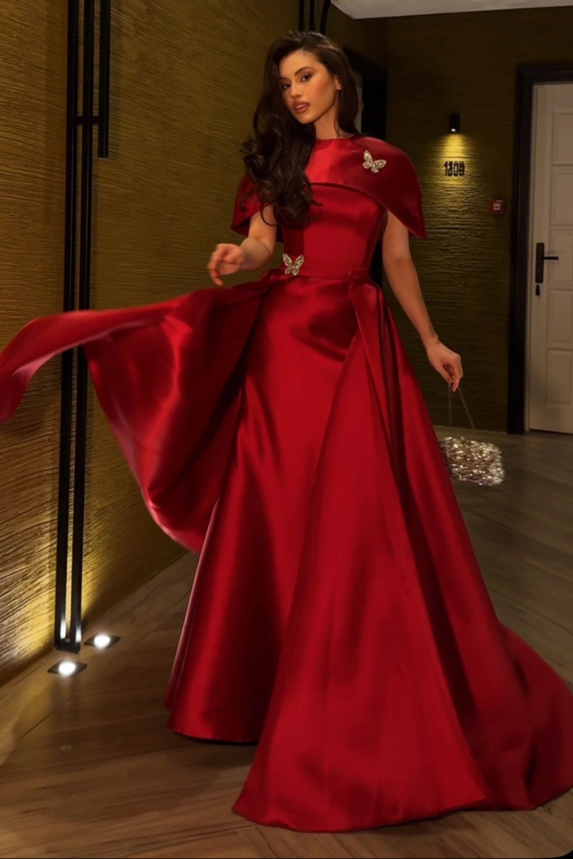 Satin Capelet Evening Gown with Butterfly Accents