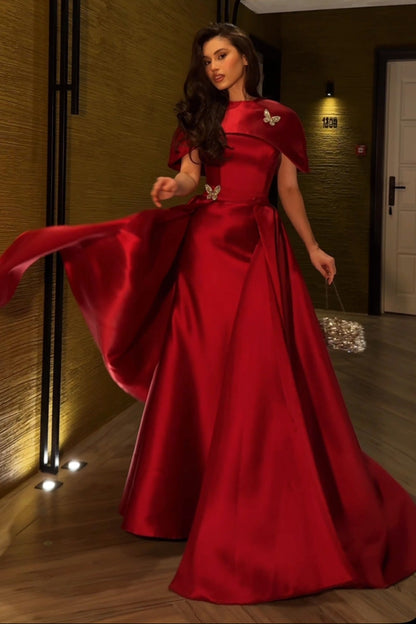 Satin Capelet Evening Gown with Butterfly Accents