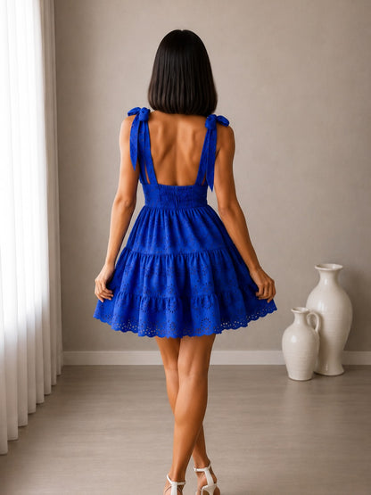 Embroidered Eyelet Tie-Strap Mini Dress