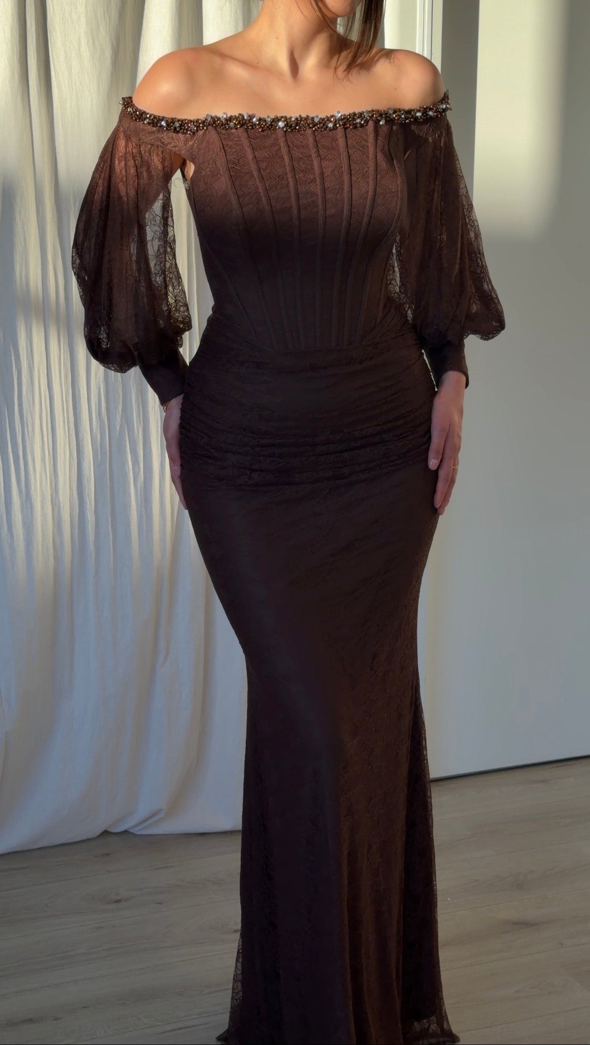 Off-the-Shoulder Corset Lace Evening Gown