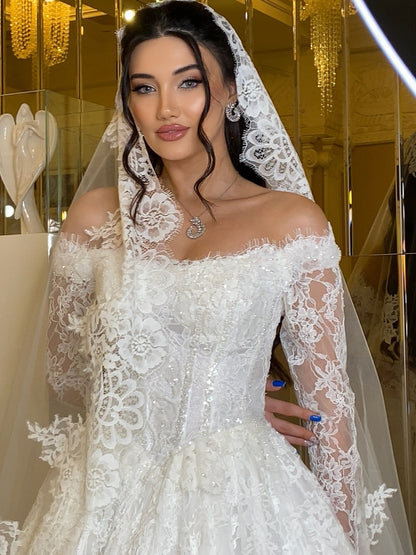 Off-the-Shoulder Lace Long Sleeve Ball Gown Wedding Dress