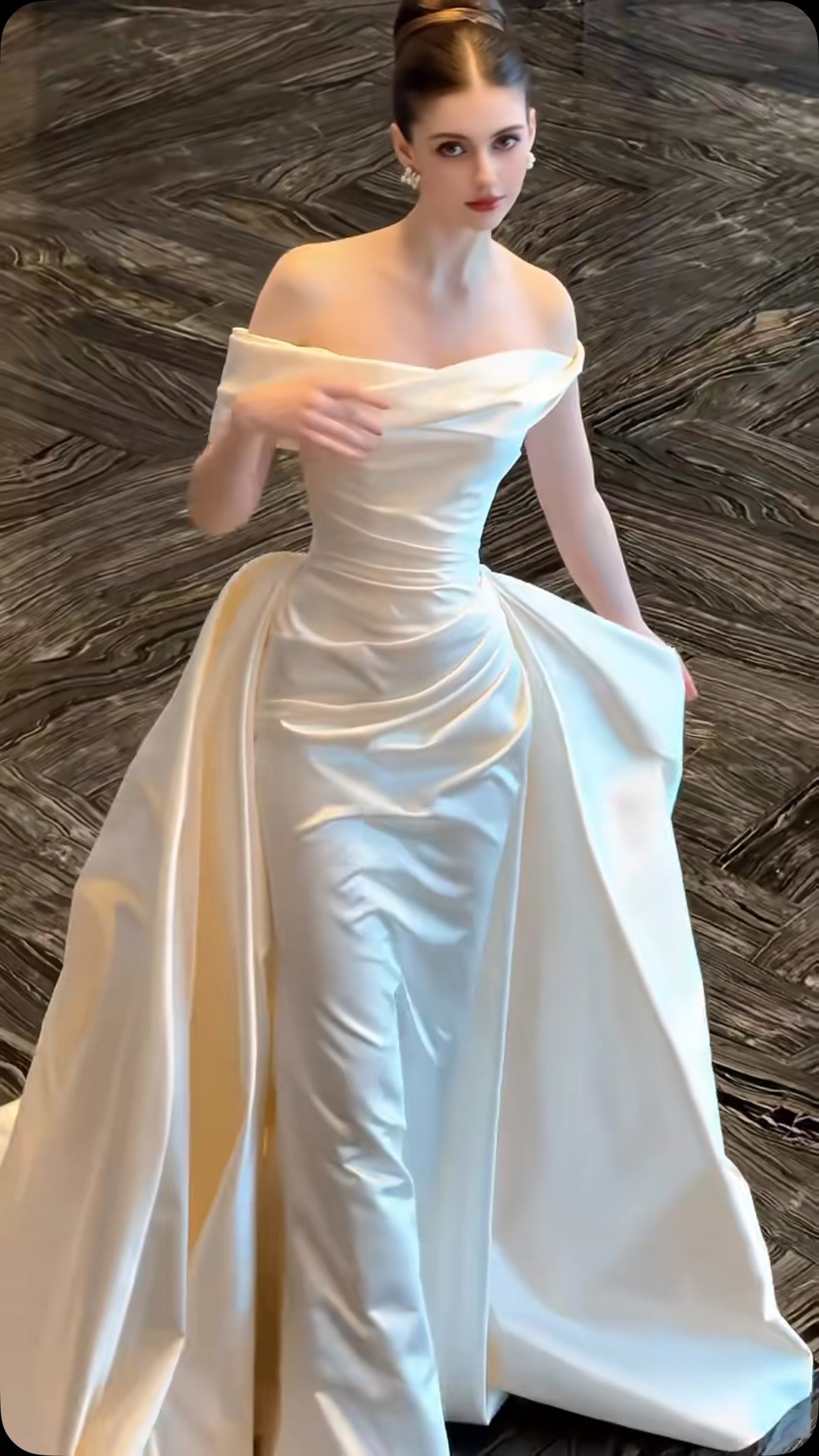 Off-the-Shoulder Ruched Satin Gown with Overskirt
