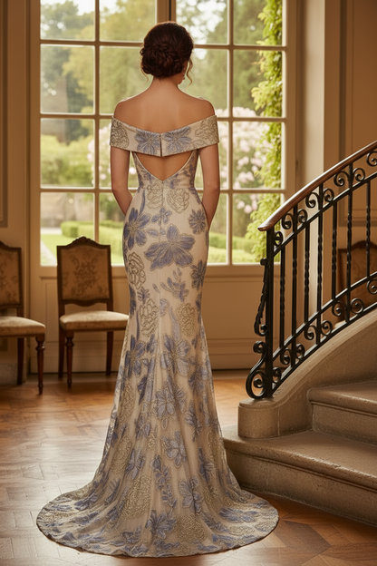 Off-The-Shoulder Floral Jacquard Evening Gown