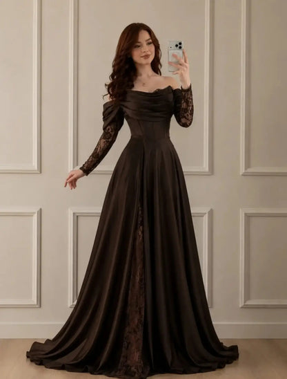 Off-Shoulder Corset Gown with Lace Underlay Slit
