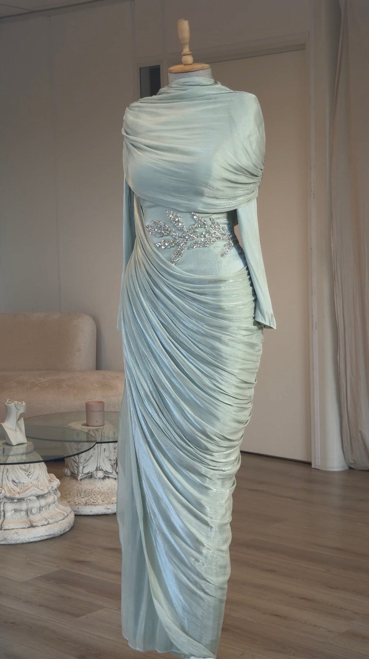 Draped Cowl Maxi Evening Gown with Beaded Waist