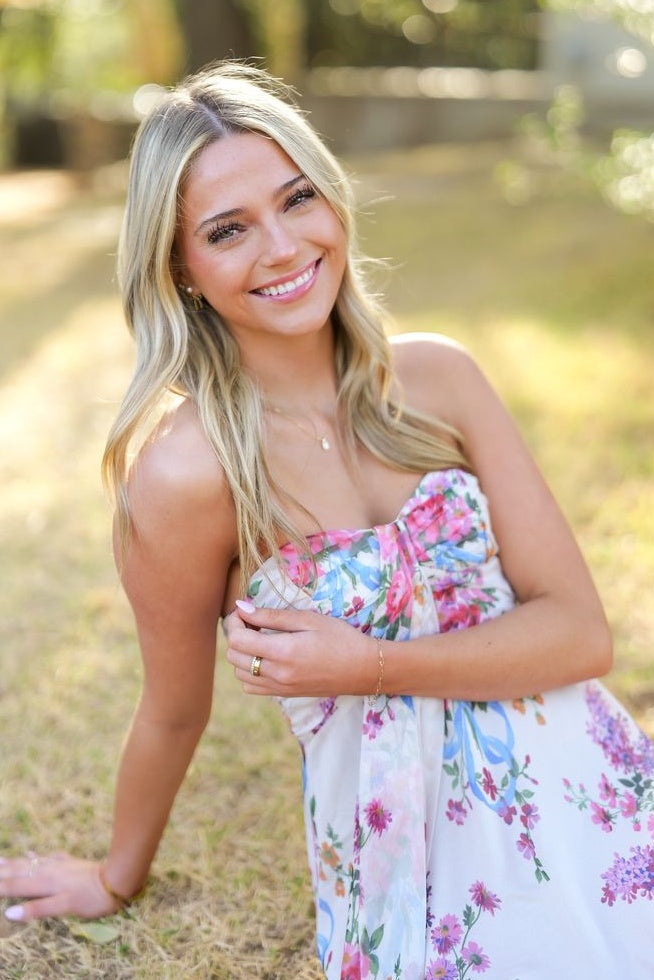 Strapless Floral Print Ruffle Hem Mini Dress