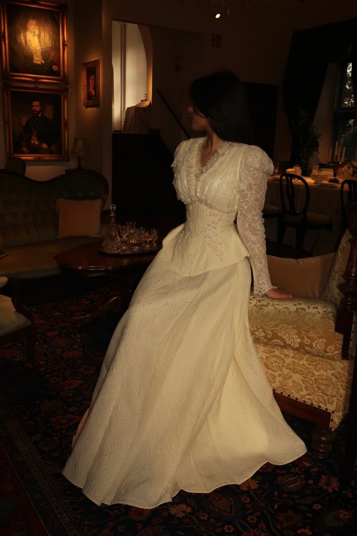Lace Long Sleeve Corset Peplum Ball Gown