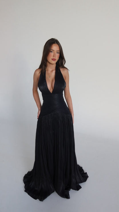 Halter Neck Pleated Drop-Waist Evening Gown