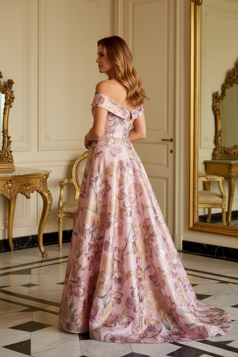 Off the Shoulder Floral Jacquard Ball Gown