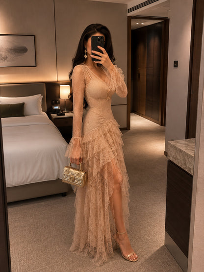 Vintage Inspired Tiered Lace Evening Gown