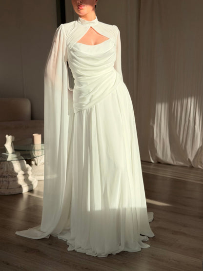 High Neck Cutout Cape Sleeve Evening Gown
