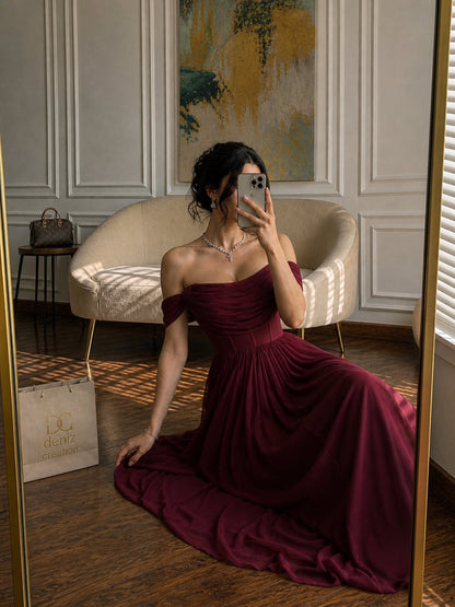 Off-the-Shoulder Ruched Corset Floor-Length Gown
