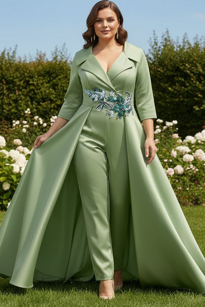 Sage Green Plus Size Mother of the Bride Jumpsuit with Detachable Overskirt & Floral Beaded Applique