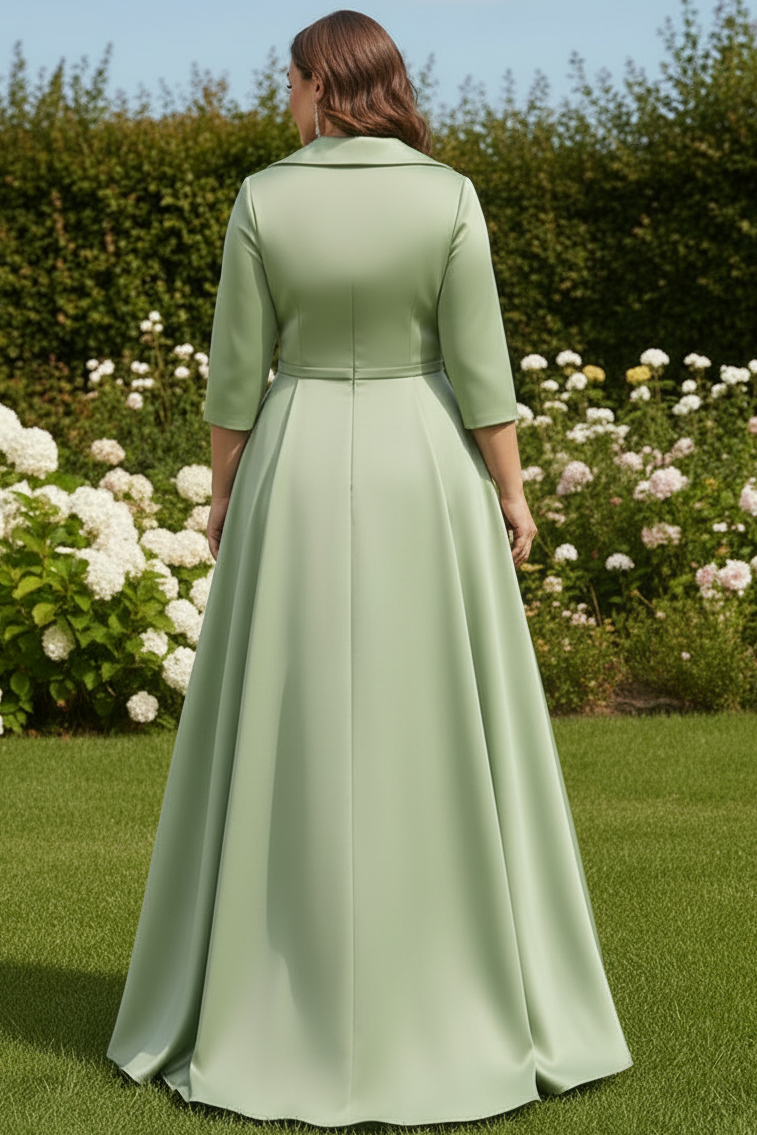 Sage Green Plus Size Mother of the Bride Jumpsuit with Detachable Overskirt & Floral Beaded Applique