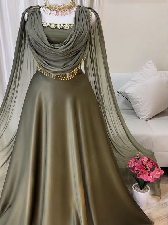 Draped Cowl Cape Evening Gown