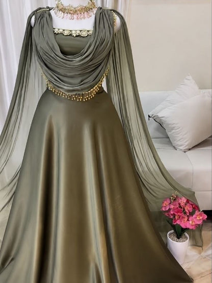 Draped Cowl Cape Evening Gown