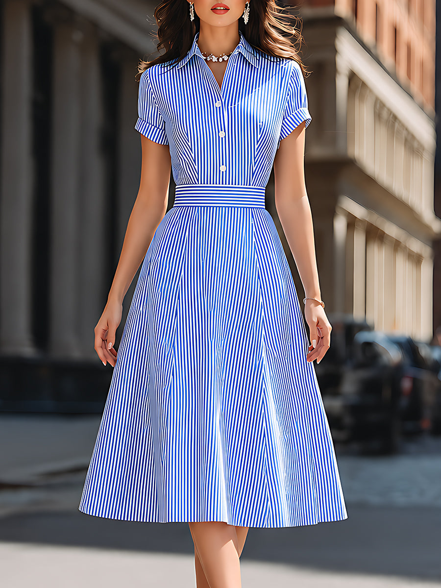 Striped Short-Sleeve A-Line Shirt Dress