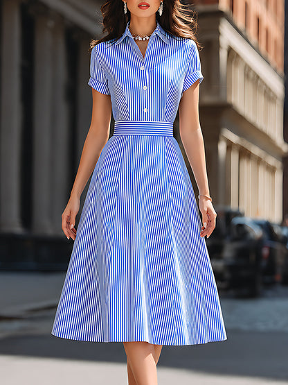 Striped Short-Sleeve A-Line Shirt Dress