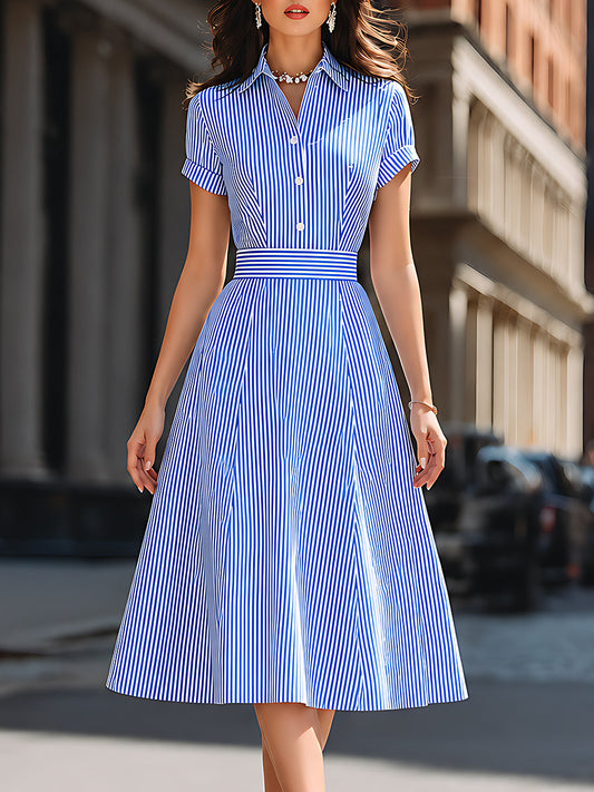 Striped Short-Sleeve A-Line Shirt Dress