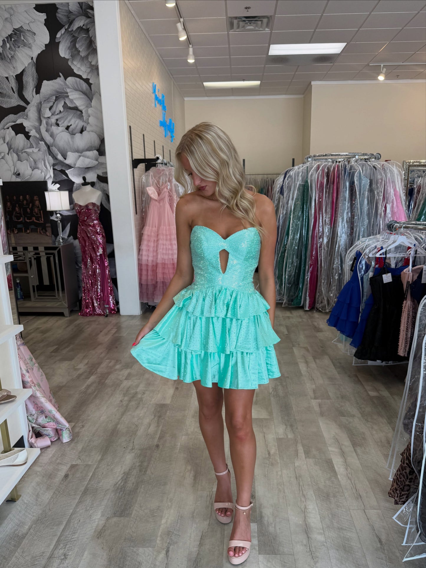 Sequin Strapless Tiered Ruffle Mini Homecoming Dress