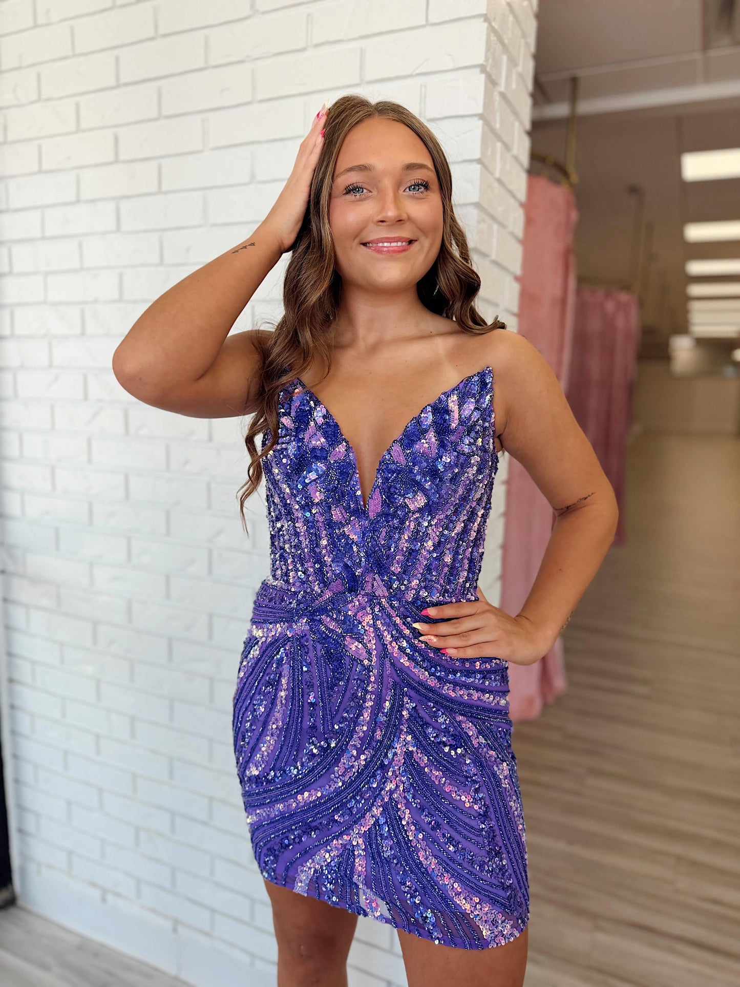 Beaded Sequin Corset Mini Dress with Deep V-Neck