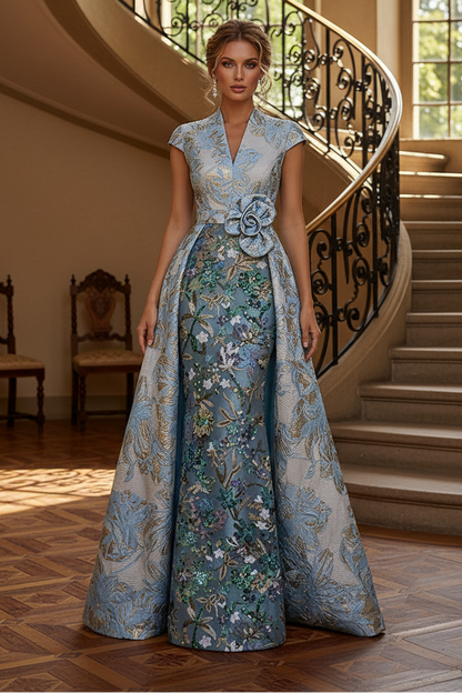 Jacquard Evening Gown with Embroidered Sheath Skirt