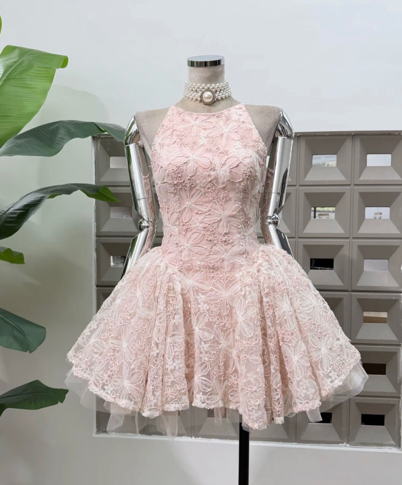 Floral Lace Halter Mini Dress with Tulle Hem